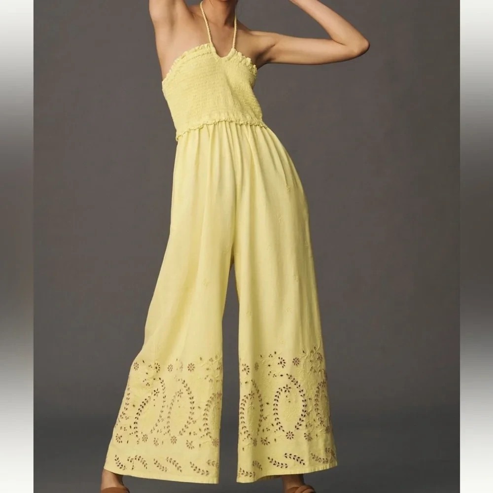 Anthropologie Strapless Eyelet Jumpsuit in Chartreuse Sz S